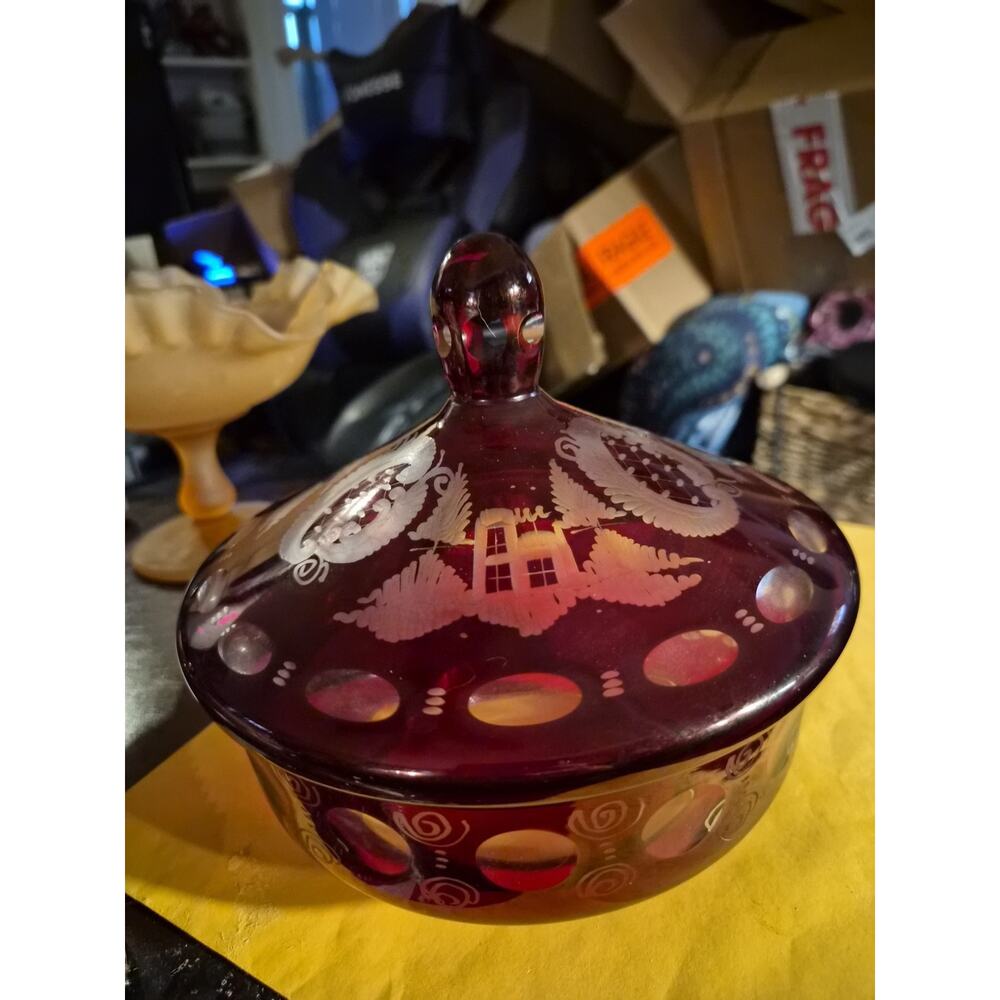 Antiqùe Egermann Bohemian Glass Dishnruby Red With Lid And Hand Blown And...